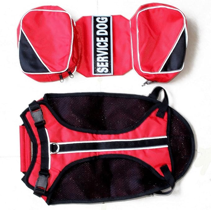 Service Dog Harness, Saddle Bag Backpack Carrier Outdoor Travel Hiking Camping Harness, Removable Saddle Bags and Patches (Red, M Girth 20-24")