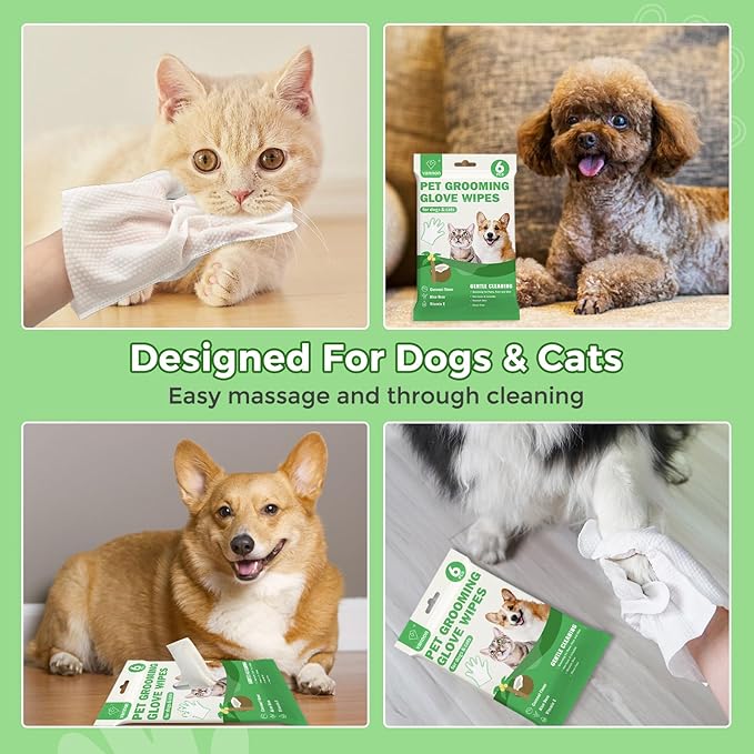 Vannon Extra Thick Pet Bathing Wipes for Dogs & Cats, Cleaning & Odor-Controlling Grooming Gloves, Nourish Fur Glove Wipes for Daily Care and Traveling, Rinse Free, Coconut Scent, 2 Pack, 12 PCS