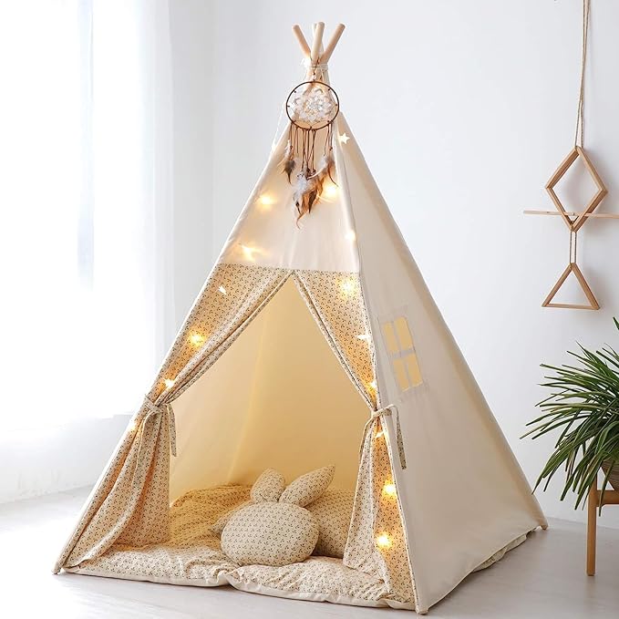 Teepee Tent for Kids with Mat,Foldable Play Tents for Girl and Boy with Carrybag,Canvas Tipi Playhouse for Children Indoor Outdoor(Beige & Mat)
