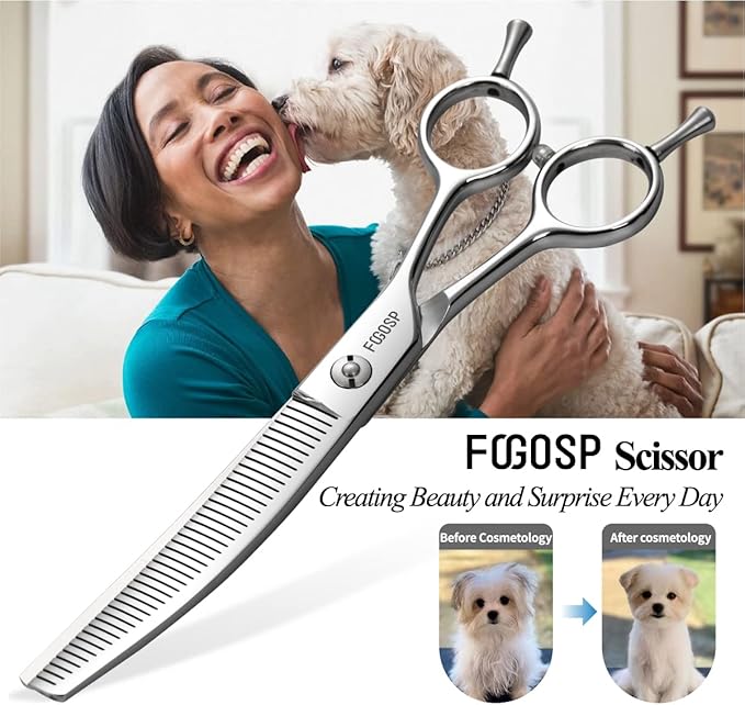 Curved Thinning Shears 7'' Fluffers Scissors Professional Grooming Shears for Dogs Japan 440C 50% Thinning Rate 42 Teeth (Polish)