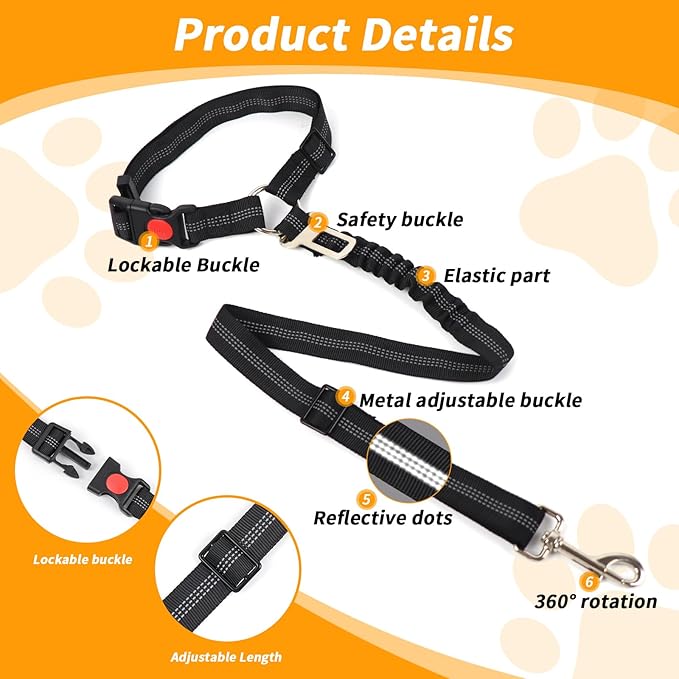 4-in-1 Removable Dog Seat Belt for Car: Adjustable Pet Car Harness, Retractable Dog Car Harness Seatbelt with Poop Bag and Dog Bowl, Restraint Secures to Vehicle Headrest, Black