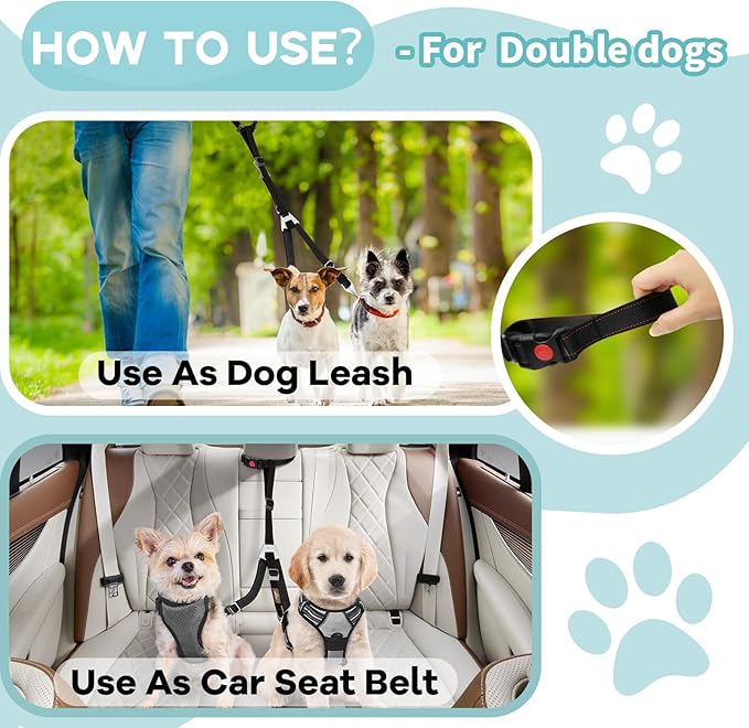 3-in-1 Multi-Functional Dog seat Belt - Dog Car Safety Leash with Advanced Protection - Car Seat Belt for 1 or 2 Dogs - Keep Your Pups Safe & Secure on The Road