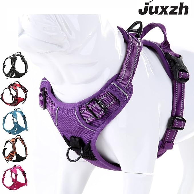 Soft Front Dog Harness .Best Reflective No Pull Harness with Handle and 2 Leash Attachments