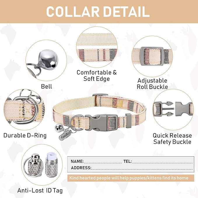 GAMUDA Small Dog Harness Collar and Leash Set, Step in No Chock No Pull Soft Mesh Adjustable Dog Vest Harnesses Plaid Reflective for Dogs Puppy Cats Kitten Rabbit (Beige, S)