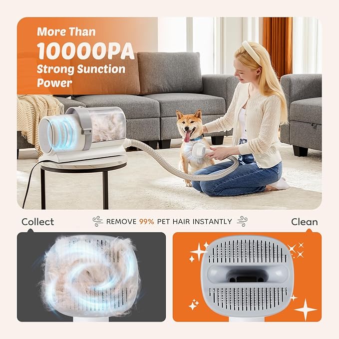 Pet Grooming Vacuum Kit, Hair Vacuum with Cordless Clippers with Capacity, Low Noise Operation, 3 Suction Modes, and 5 Essential Grooming Tools for Dogs and Cats