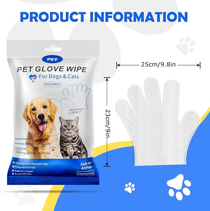 Pet Glove Washing Wipes for Dogs and Cats,Dog and Cat Cleaning Grooming Wipes for Fur,Paws and Butt,Save and Non Irritating,12 Pcs