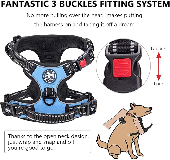 PoyPet No Pull Dog Harness, No Choke Front Clip Dog Reflective Harness, Adjustable Soft Padded Pet Vest with Easy Control Handle for Small to Large Dogs(Light Blue,M)