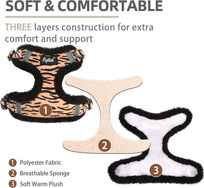 PUPTECK No Pull Dog Harness and Leash Set Reflective No Choke Step in Puppy Halter for XS Small and Medium Sized Dogs, Brown Tiger Print, Plush, S