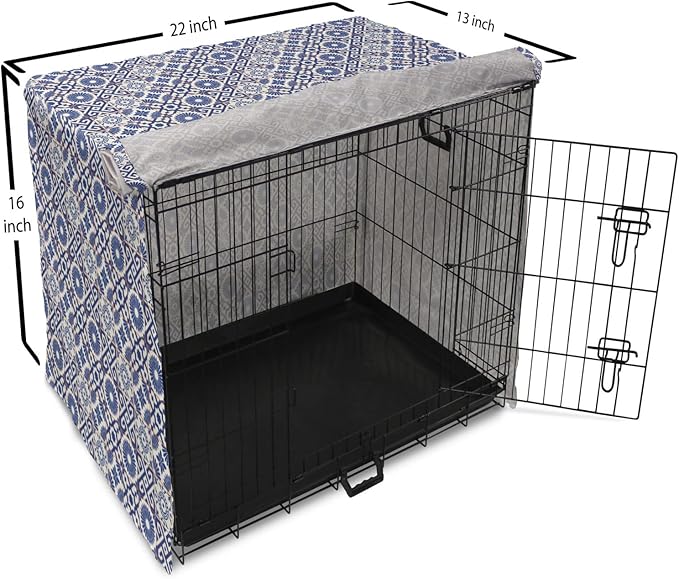 Lunarable Geometric Dog Crate Cover, Azulejo Tile Motifs Portuguese Ceramic Pattern European Art, Easy to Use Pet Kennel Cover for Small Dogs Puppies Kittens, 22 Inch, Burnt Sienna Royal Blue