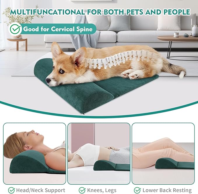 Dog Cat Bolster Pillow with High Resilience Foam, Headrest for Large Dogs, Benefit for Cervical Vertebra and Neck, Easy to Carry, Machine Washable Cover＆Easy to Clean(Green)