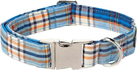 Lionet Paws Boy Dog Collar, Comfortable Adjustable Cute Blue Plaid Collar with Metal Buckle for Male Dogs Gift, XLarge, Neck 16-26 inches