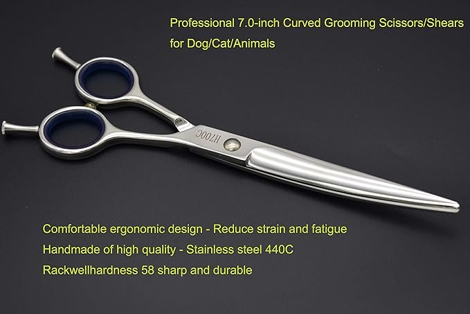 Professional Dog Grooming Scissors 7.0" Classic Dogs Scissors Shear Curved Blade Off-set Handle 440C Stainless Steel Forged (7.0" Curved)
