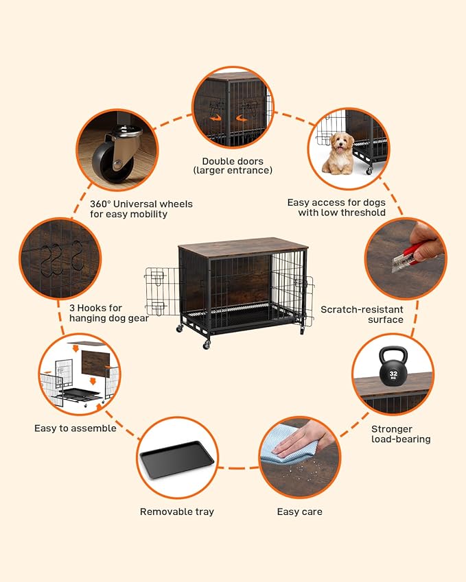 Dog Crate Furniture, Dog Kennel Indoor Double Doors Wooden Dog Cage, 32'' Dog Crate with Pull-Out Tray & Removable Wheels, Decorative End Table Pet House Chew-Resistant for Medium Dog, Rustic Brown