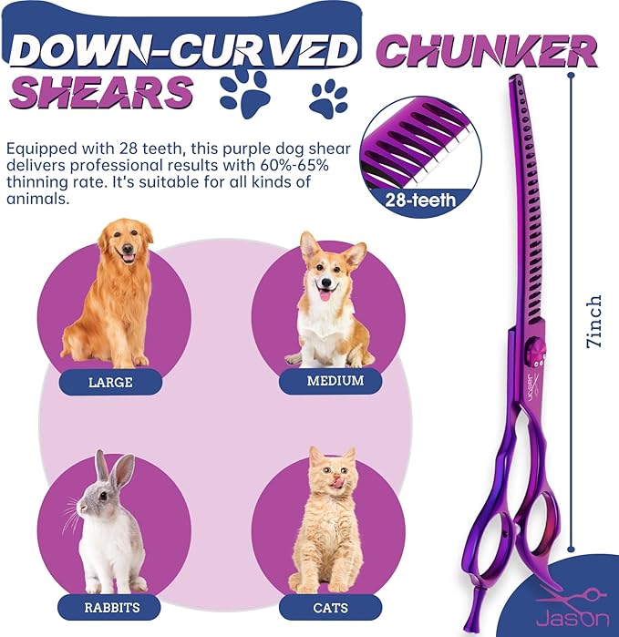 JASON 7" Curved Chunker Dog Scissors - Ergonomic Pet Scissors Purple Curved Dog Shears 440C Stainless Steel Grooming Shears Professional Pet Shears for Groomer (28-Teeth, Down-Curved)