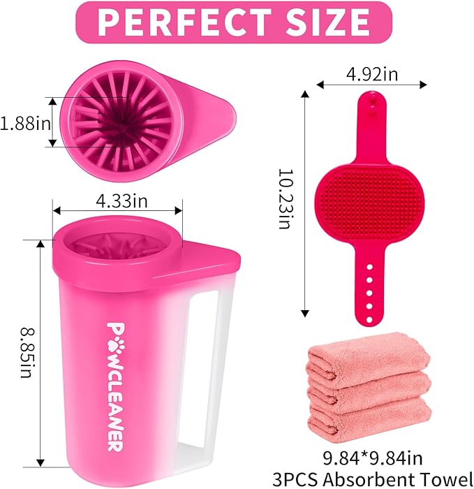 Paw Cleaner with Handle, Absorbent Towels & Adjustable Brush for Dogs (Large, Red) - Buddy Muddy Pet Foot Washer