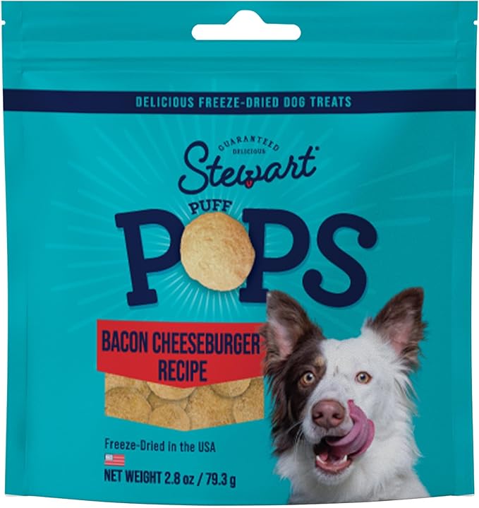 Stewart Freeze Dried Dog Treats, PuffPops Bacon and Cheeseburger Recipe, Gluten Free, 2.8 Ounce Resealable Pouch, Made in USA, Dog Training Treats