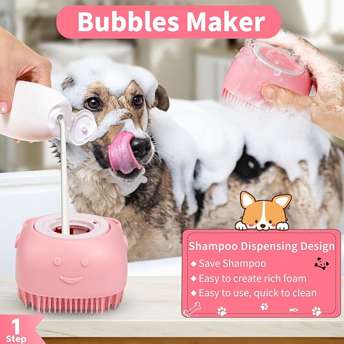 Comotech 3PCS Dog Bath Brush | Dog Shampoo Brush | Dog Scrubber for Bath | Dog Bath Brush Scrubber | Dog Shower/Washing Brush with Adjustable Ring Handle for Short&Long Haired Dogs (Pink Red Pink)
