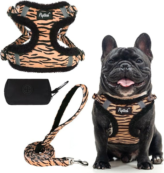 PUPTECK No Pull Dog Harness and Leash Set Reflective No Choke Step in Puppy Halter for XS Small and Medium Sized Dogs, Brown Tiger Print, Plush, M