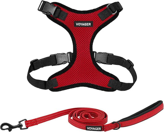 Voyager Step-in Lock Dog Harness w Reflective Dog Leash Combo Set with Neoprene Handle 5ft - Supports Small, Medium and Large Breed Puppies/Cats by Best Pet Supplies - Red/Black Trim, M