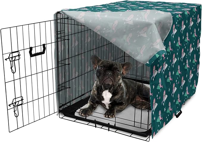 Lunarable Dolphin Dog Crate Cover, Pink Haired Mermaids Swimming with Dolphins Backdrop with Starfish Dots, Easy to Use Pet Kennel Cover for Cats & Medium Dogs, 24 Inch, Jade Green Multicolor