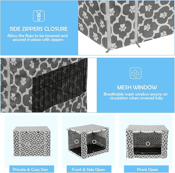Dog Crate Cover Kennel Dogs Covers fits Small Medium Large crates cage Heavy Nylon Waterproof soundproof Indoor Outdoor - Cover only - Gray paw - 48 inch