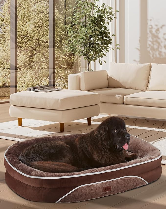 OhGeni Orthopedic Dog Bed for Extra Extra Large Dogs, Dog Couch Design with Egg Foam Support, Removable, Machine Washable Plush Cover and Non-Slip Bottom with Four Sided Bolster Cushion (Brown)