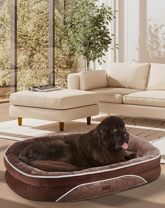 OhGeni Orthopedic Dog Bed for Extra Extra Large Dogs, Dog Couch Design with Egg Foam Support, Removable, Machine Washable Plush Cover and Non-Slip Bottom with Four Sided Bolster Cushion (Brown)