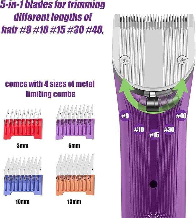 Professional Animal Pet Dog Cat and Horse Cordless Hair Clipper Grooming Kit with 5 in 1 Blade Low Noise & High Power Rechargeable Cordless Pet Grooming Clipper for Thick Heavy Coats -Purple