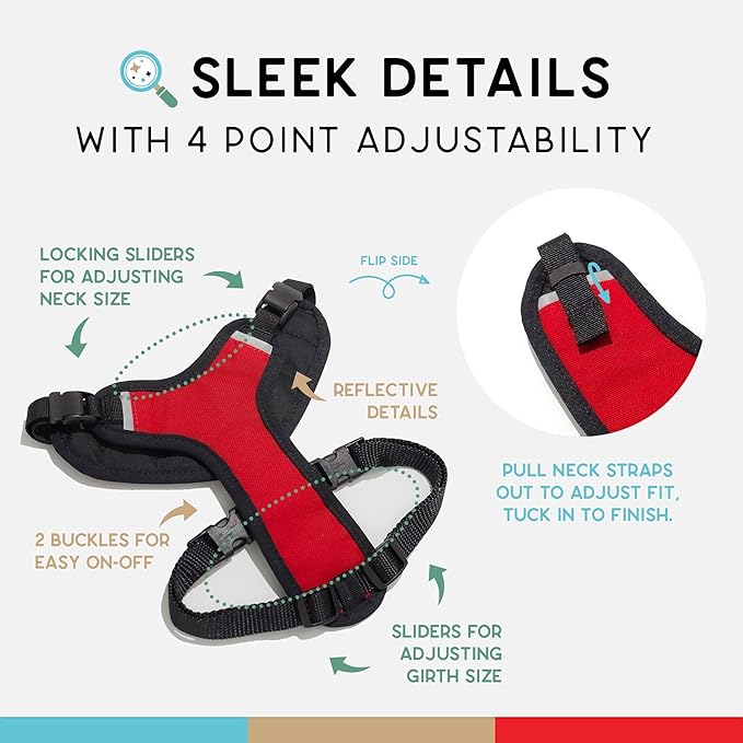 Dog Harness, Puppy Harness, Soft Harness for Dogs, Comfortable Dog Harness, Small Dog Harness, Dog Harness with Padding, Snug Fit Design, 4 Point Adjustable - Wildebeest (L - 26~32 inch Girth, Red)
