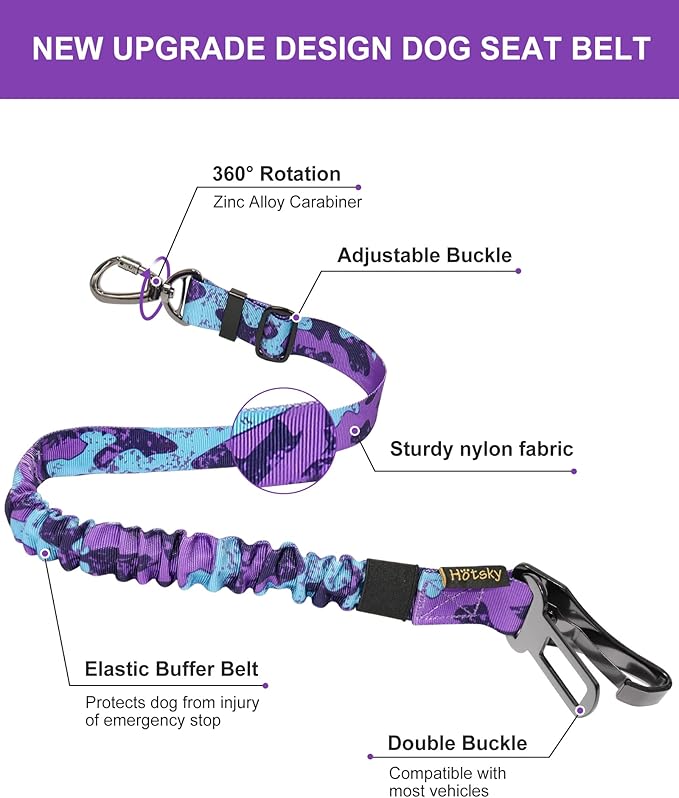 Hotsky Dog Seat Belt, Adjustable Safety Seatbelt 3-in-1 Car Harness for Dogs in Car Nylon Elastic Bungee Buffer Tether with Clip Hook Latch Buckle Swivel Zinc Alloy Carabiner(Purple Camo)