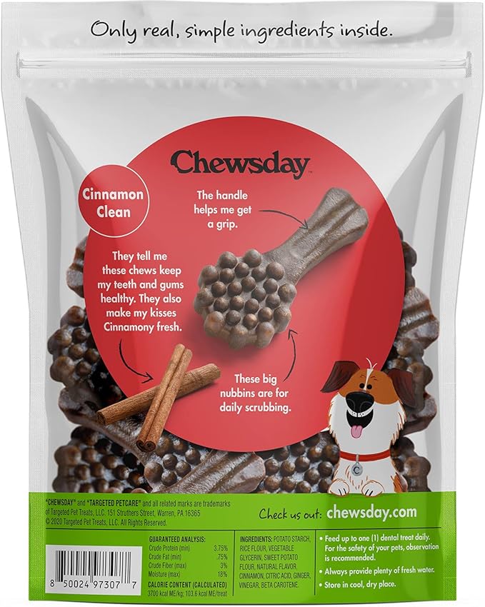 Chewsday Medium Cinnamon Clean Daily Dental Dog Chews, Made in The USA, Natural Highly-Digestible Oral Health Treats for Healthy Gums and Teeth - 14 Count
