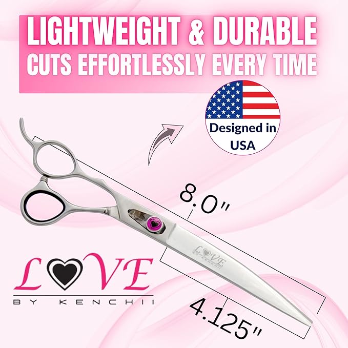 Kenchii Left Handed Dog Grooming Scissors | 8 Inch Shears | Curved Scissors for Dog Grooming | Love Collection Dog Shears | Pet Grooming Accessories | Pet Hair Trimming Scissor