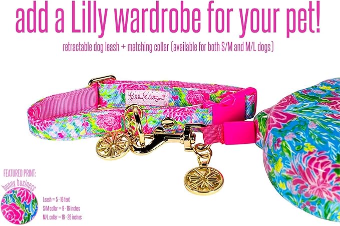 Lilly Pulitzer Adjustable Puppy Dog Collar, Cute Heavy Duty Canvas Collar with Snap Closure and Ring for Leash/Tag, Bunny Business (S/M)