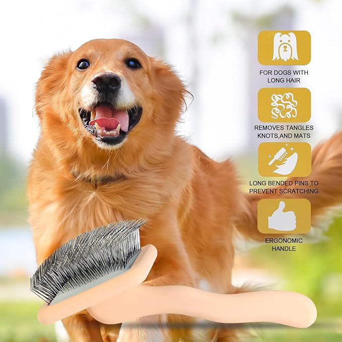 Dog Slicker Brush for Grooming Pet Hair, Beige, Long Haired Brush For Dogs (Poodles, Goldendoodles, Labradoodles), Long Pin Brush For Dematting