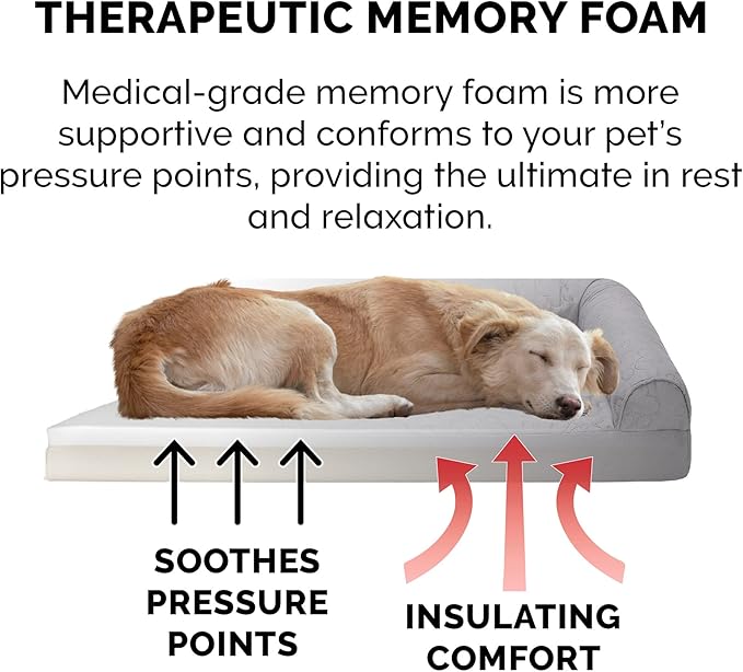 Furhaven Memory Foam Dog Bed for Medium/Small Dogs w/ Removable Bolsters & Washable Cover, For Dogs Up to 35 lbs - Pinsonic Quilted Paw L Shaped Chaise - Titanium, Medium