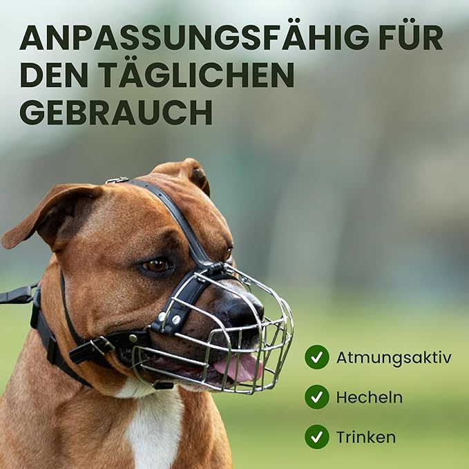 BRONZEDOG Pitbull Dog Muzzle Metal Mask Amstaff Wire Basket Pit Bull Adjustable Leather Straps for Large Dogs (Black)