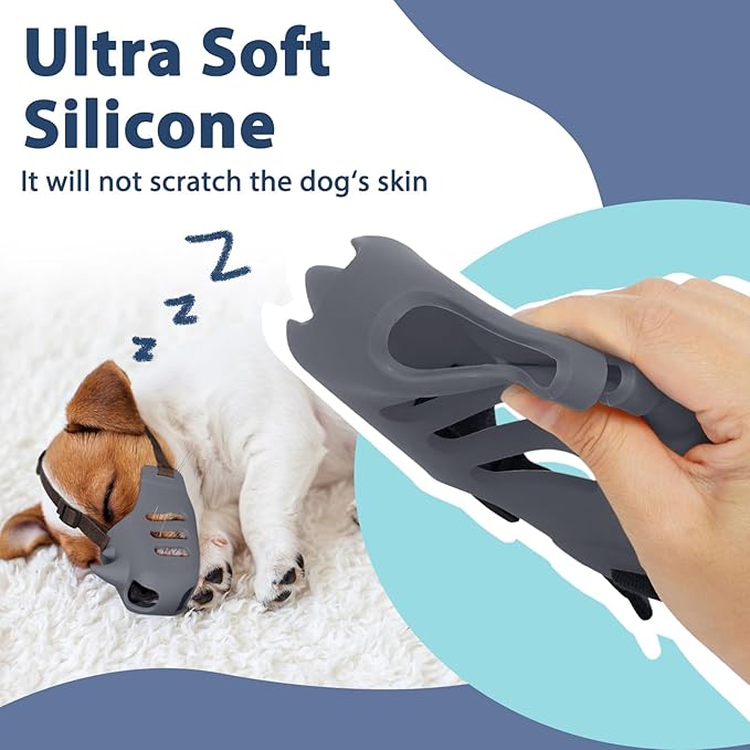 LUCKYPAW Dog Muzzle Soft Muzzle for Small Medium Dog Poodle Dachshund Breathable Silicone Cage Muzzle for Biting Chewing Funny Rhino Muzzle with Adjustable Strap (Grey, S-(Snout Cir:5.5-6.75in)