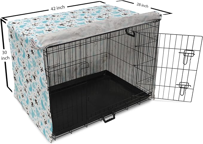Lunarable Panda Dog Crate Cover, Chinese Bears with Stroller and Dotted Hearts on Chevron Background, Easy to Use Pet Kennel Cover for Medium Large Dogs, 42 Inch, Pale Blue Black Blue