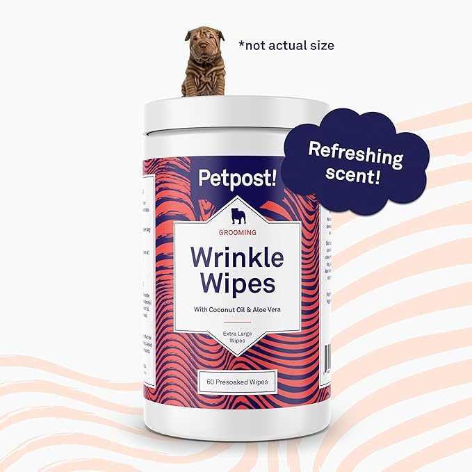 Petpost | Bulldog Wrinkle Wipes for Dogs - 7”x5” XL Wipes in Coconut Oil Solution - Soothes & Cleans Pug Wrinkles and Folds 60 ct.