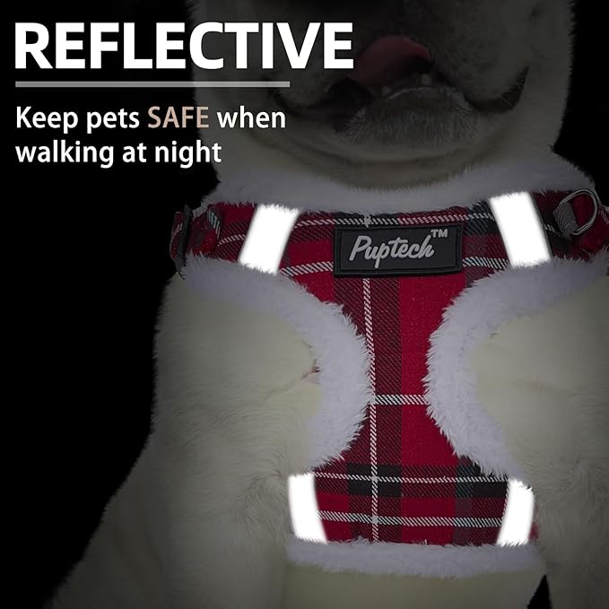 PUPTECK No Pull Dog Harness and Leash Set Reflective No Choke Step in Puppy Halter for XS Small and Medium Sized Dogs, Red Plaid, Plush, M