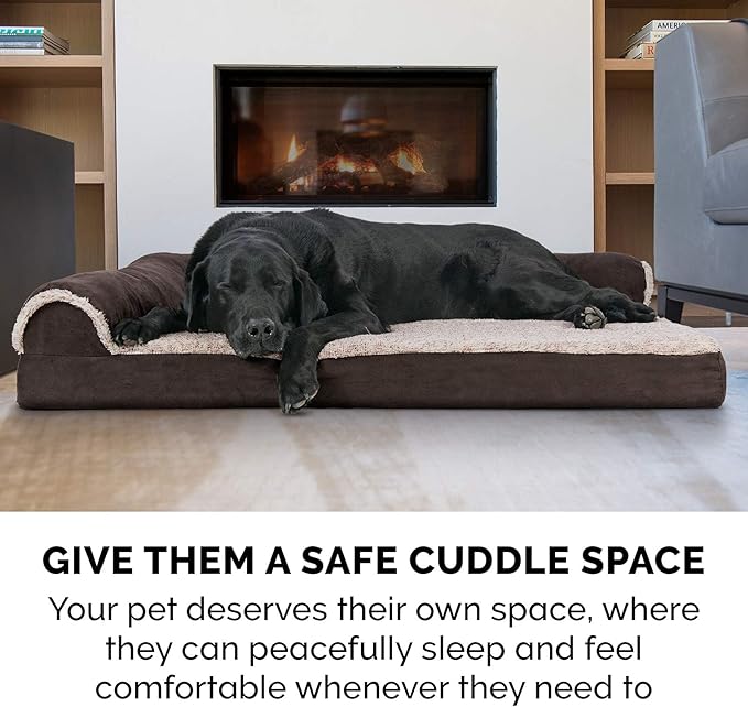 Furhaven Orthopedic Dog Bed for Large/Medium Dogs w/ Removable Bolsters & Washable Cover, For Dogs Up to 55 lbs - Two-Tone Plush Faux Fur & Suede L Shaped Chaise - Espresso, Large