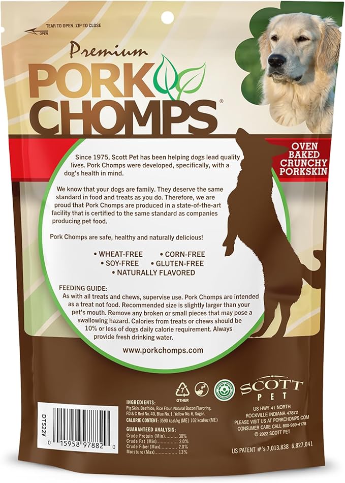 Pork Chomps Dog Chews, 4-inch Crunchy Bones, Bacon Flavor, 2 Count (Pack of 2)