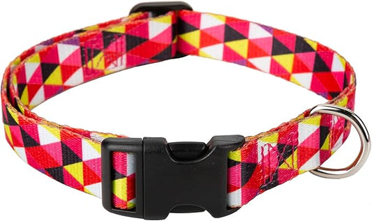 Mile High Life Dog Collar | Cute Puppy Collars | Lightweight Girl Dog Collar | Soft Boy Dog Collars | w Geometric Ocean Wavy Pattern (Red/White Plaid, Medium)