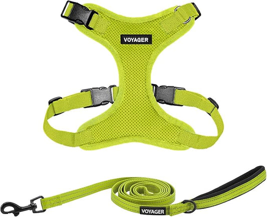 Voyager Step-in Lock Dog Harness w Reflective Dog Leash Combo Set with Neoprene Handle 5ft - Supports Small, Medium and Large Breed Puppies/Cats by Best Pet Supplies - Lime Green, XS
