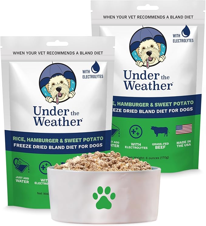 Under the Weather Bland Diet for Dogs | Easy to Digest for Sick Dogs |Always Be Ready| Contains Electrolytes - Natural Freeze Dried 100% Human Grade Meats| 2 Pack- Rice, Hamburger & Sweet Potato - 6oz