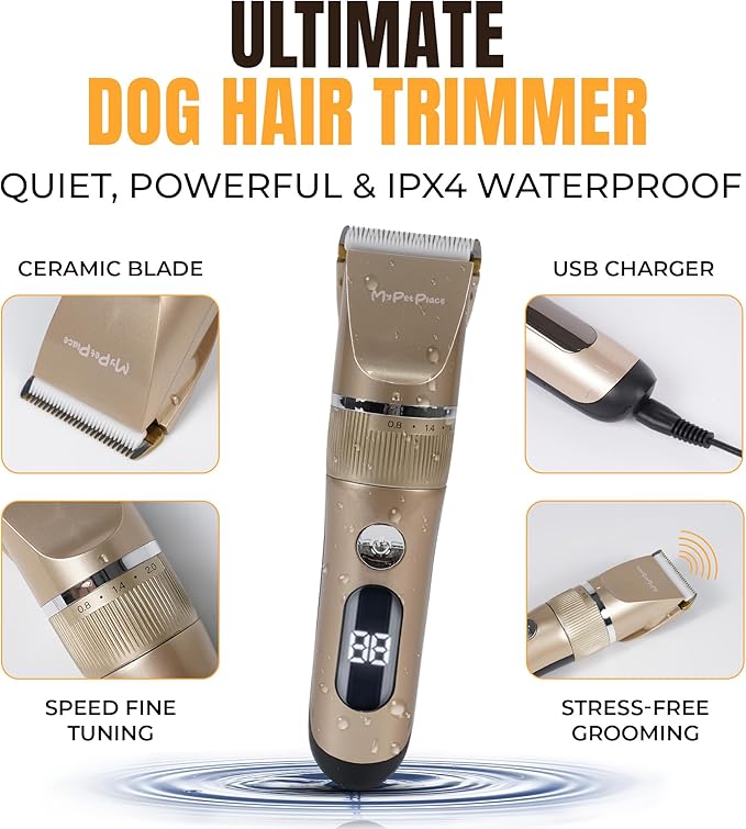 Anti-Clogging Dog Hair Clipper – Cordless, Waterproof & Rechargeable Pet Grooming Trimmer for Thick Coats – Low Noise, High-Power Blade for Dogs & Cats (Gold)