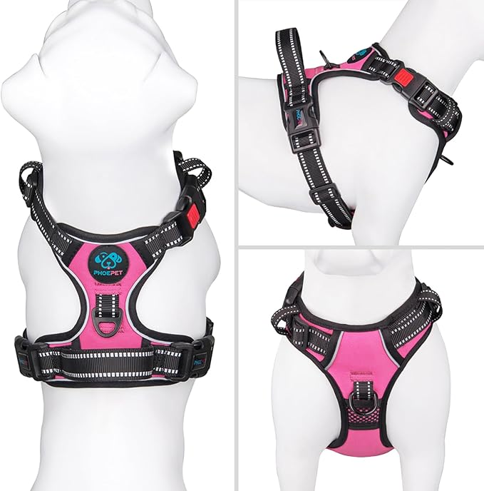 PHOEPET Reflective Dog Harness Large Breed Adjustable No Pull Vest with Handle 2 Metal Rings 3 Buckles [Easy to Put on & Take Off](XL, Pink)