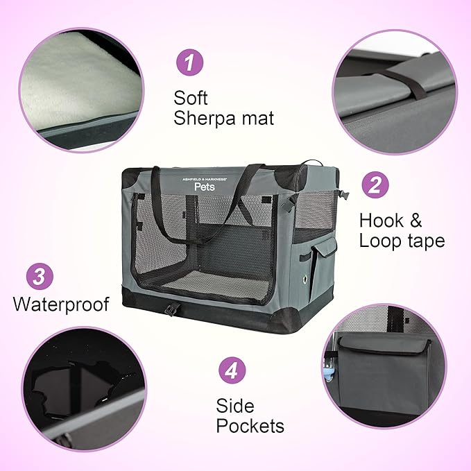 Ashfield & Harkness: Collapsible Soft Dog Crate - 30" - Gray, Sherpa Lined Mat, Durable Mesh Windows, Portable Foldable Pet Kennel, Indoor & Outdoor