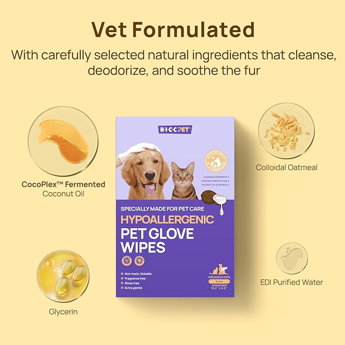 HICC PET Cleaning Deodorizing Bathing Wipes for Dogs & Cats, Hypoallergenic Dog Cleaning Glove Wipes, Nourishing & Grooming Fur, Cat Cleaning Wipes Remove Odor