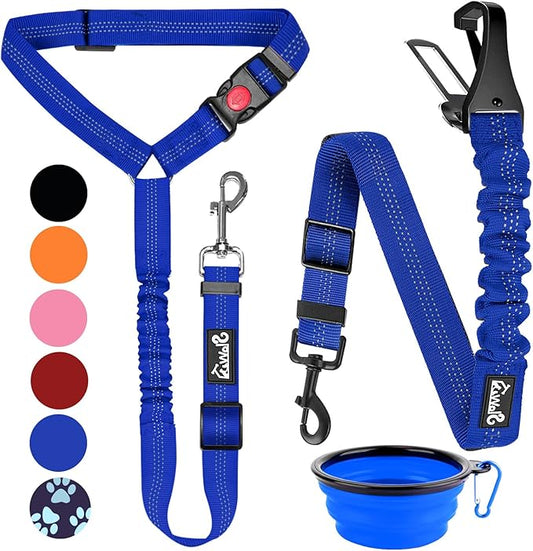 Lukovee Dog Seatbelt Leash for Cars, 2 Pack Pet Safety Car Seat Belt with Adjustable Buckle & Reflective Bungee, Connect Dog Harness in Vehicle Car Dogs Restraint Travel Daily Use (Blue)